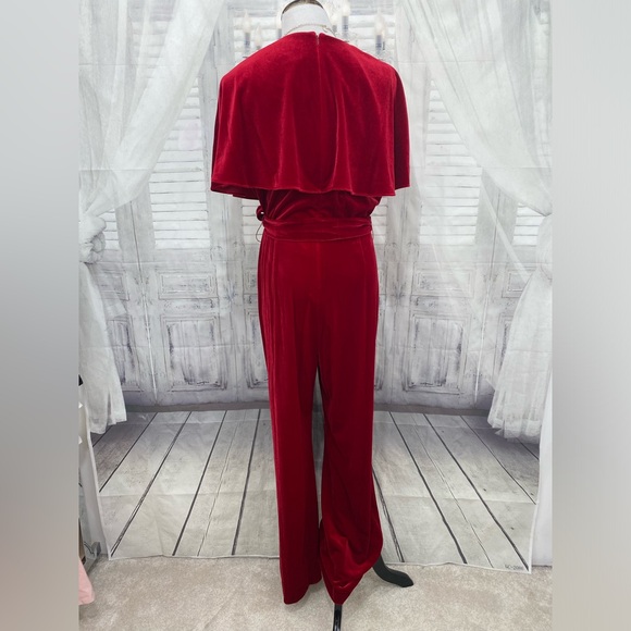 NEW Alex Marie Beth Velvet Jumpsuit Crimson Red Cape Sleeve V Neck Belted Formal - Picture 9 of 13